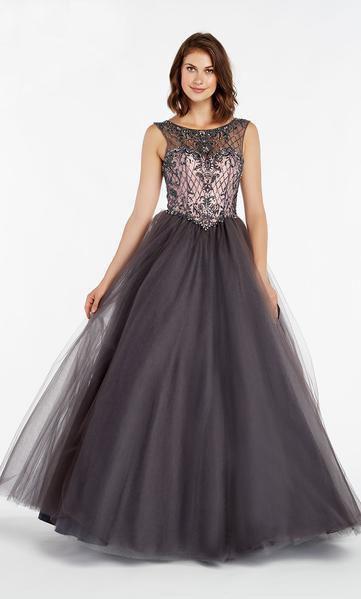 Alyce Paris - 60378 Embellished Bateau Tulle Ballgown In Gray and Pink