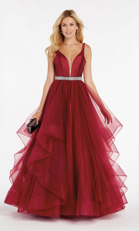 Alyce Paris - 60388 Sleeveless Crystal Accent Belt Flowy Tulle Gown in Red