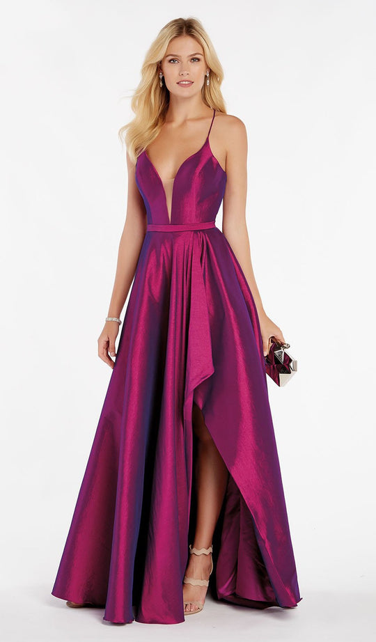Alyce Paris - 60394 Illusion Plunging Neck High-Low Taffeta Prom Dress In Purple and Red