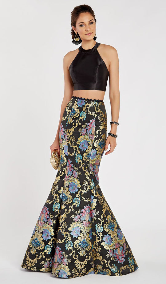 Alyce Paris - 60398 Two Piece High Halter Printed Mermaid Gown In Black