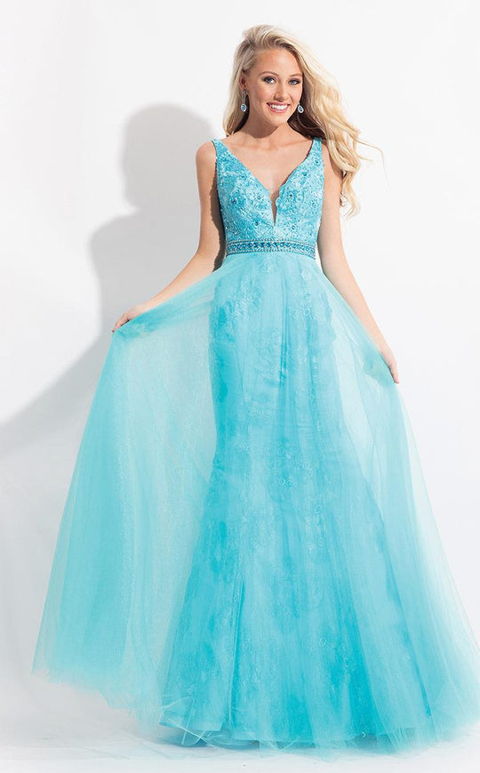 Rachel Allan  - 6039 Lace Deep V-neck Mermaid Dress in Blue