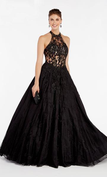 Alyce Paris - 60408 Lace Applique Plunging Vneck Ruffled Mermaid Dress In Black and Neutral