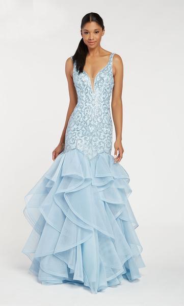Alyce Paris - 60410 Beaded Deep V-neck Tulle Ruffled Mermaid Dress In Blue