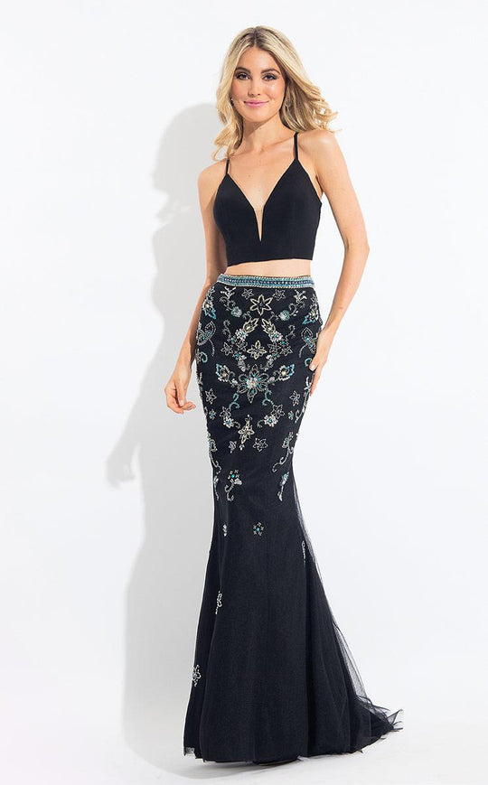Rachel Allan  - 6042 Floral Beaded Trumpet Dress in Black