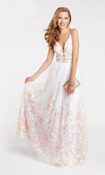 Alyce Paris - 60464 Floral Embroidered Deep V-neck Tulle A-line Dress In White