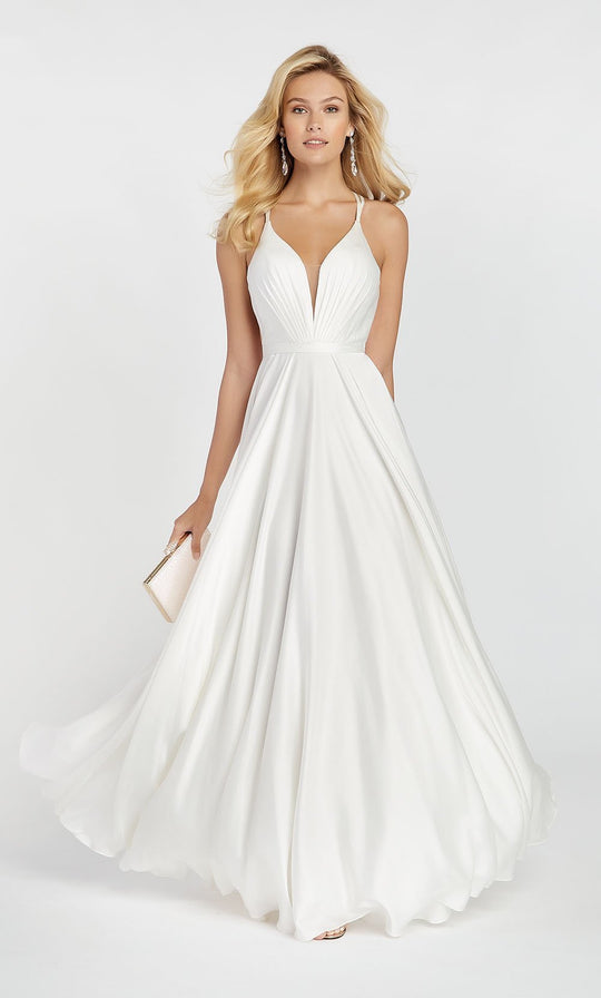 Alyce Paris - 60449 Satin Chiffon Sexy Strappy Back A-Line Gown In White
