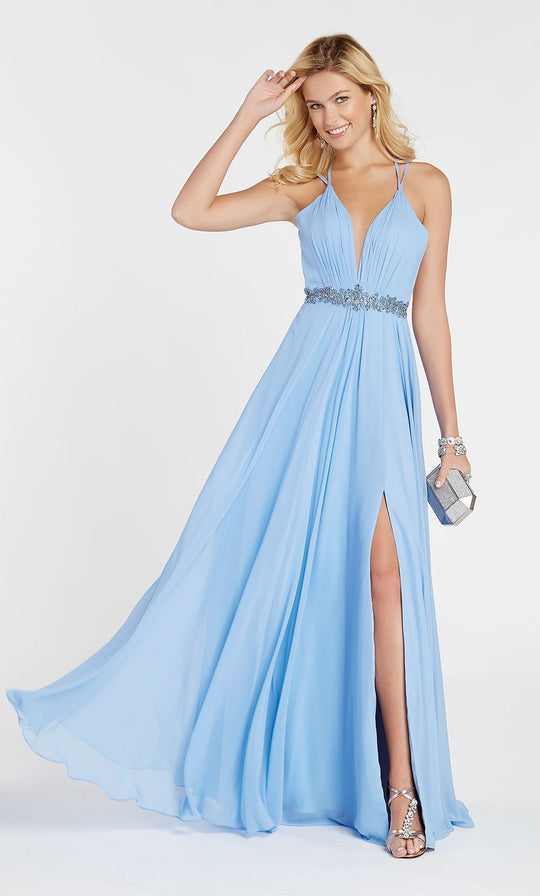 Alyce Paris - 60455 Plunging V-Neck High Slit Chiffon Gown In Blue