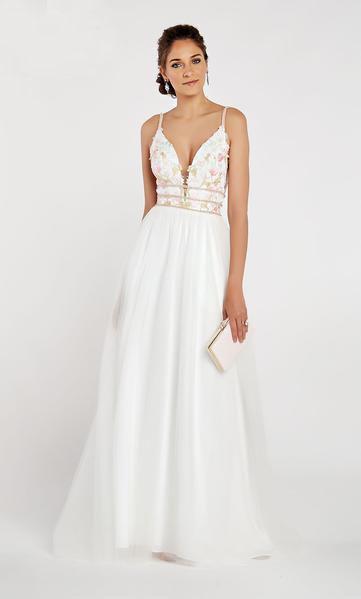 Alyce Paris - 60466 Embroidered Plunging Neck Tulle A-line Dress In White and Pink