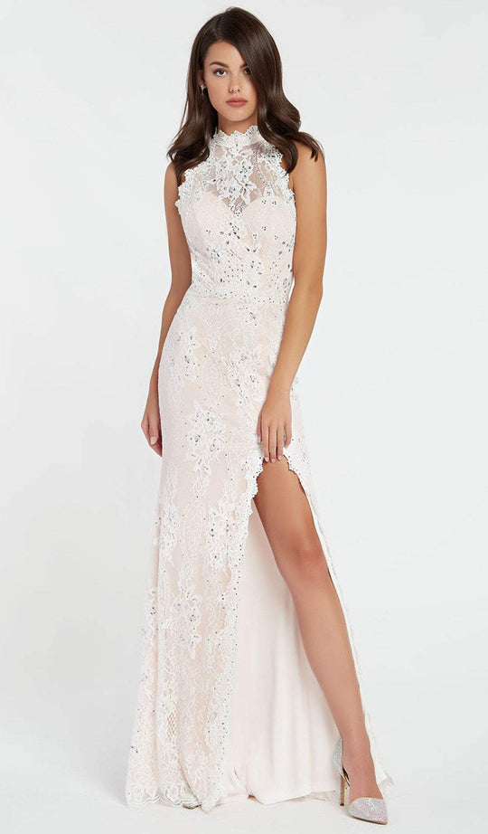Alyce Paris - 60485 Jeweled Illusion High Halter Lace Slit Gown In White and Pink