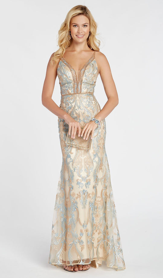 Alyce Paris - 60488 Beaded Trim V Neck Lace and Tulle Prom Dress In Gold and Blue