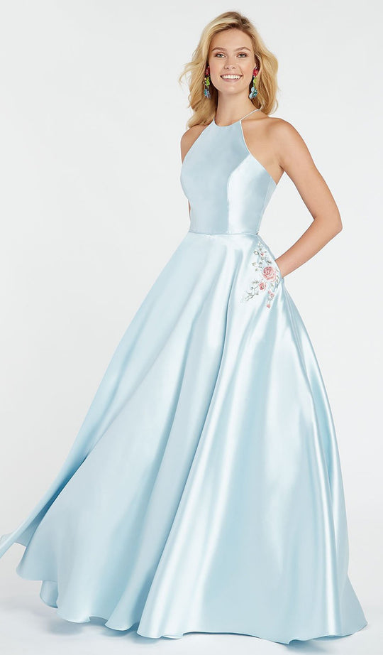 Alyce Paris - 60500 Halter Neck Strappy Back Floral Accent Mikado Gown In Blue