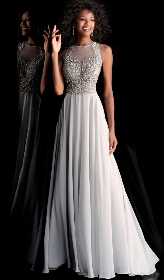 Jovani - 60511 Embellished Jewel Chiffon A-line Dress In Silver