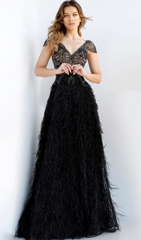 Jovani - 60515 Cap Sleeve Beaded Bodice Feathered Gown In Black