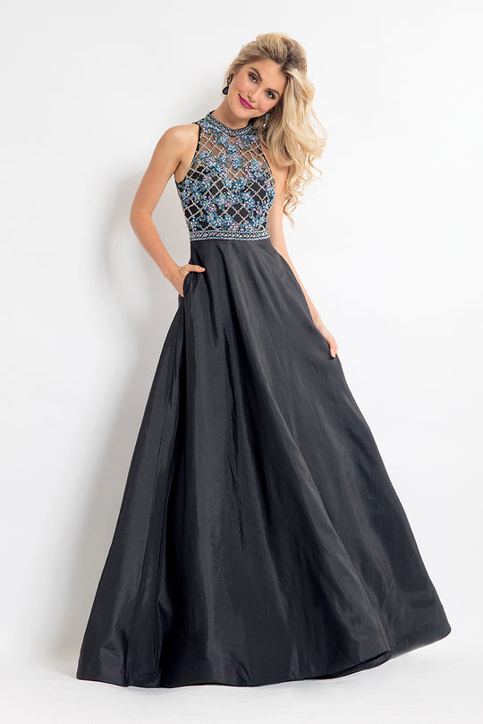 Rachel Allan  - 6051 Beaded Sheer High Halter A-line Dress in Black