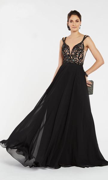 Alyce Paris - 60468 Embroidered Deep V-neck Chiffon A-line Dress In Black and Neutral