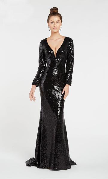 Alyce Paris - 60479 Sequined Long Sleeve Deep V-neck Trumpet Dress In Black