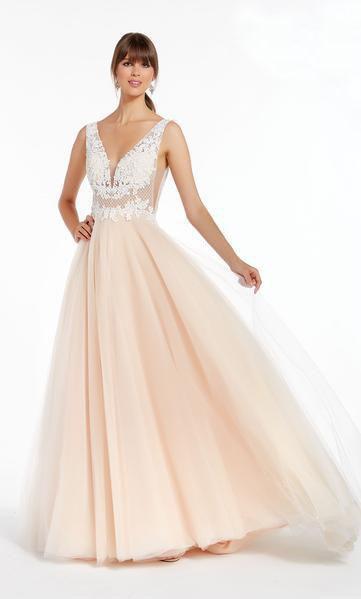 Alyce Paris - 60472 Lace Applique Deep V-neck Tulle Ballgown In White and Neutral