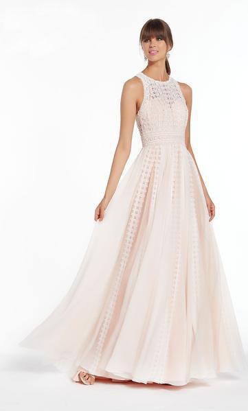 Alyce Paris - 60471 Jewel Neck Lace Chiffon A-line Dress In White and Pink