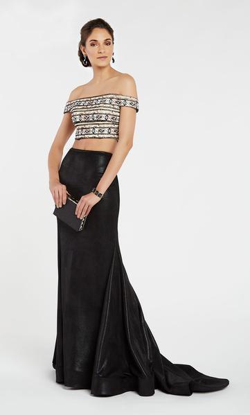 Alyce Paris - 60506 Two Piece Off-Shoulder Sensuous Suede Trumpet Gown In Black and Multi-Color