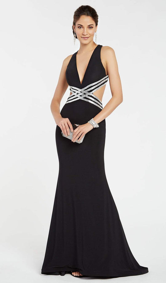 Alyce Paris - 60538 Plunging Metallic Banded Cutout Gown In Black