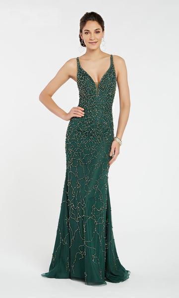 Alyce Paris - 60545 Beaded Tulle Deep V-neck Trumpet Dress In Green