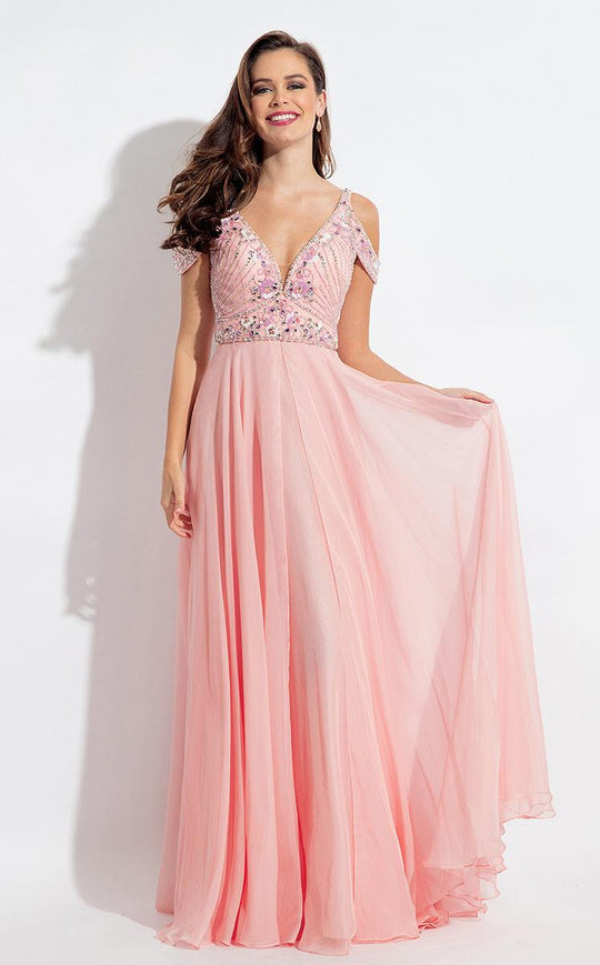 Rachel Allan  - 6054 Bedazzled Deep V-neck A-line Dress in Pink