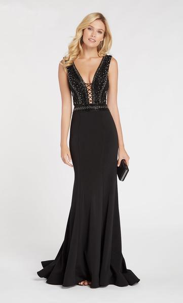 Alyce Paris - 60549 Beaded Deep V-neck Jersey Trumpet Dress In Black