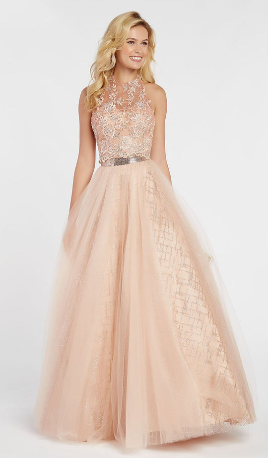 Alyce Paris - 60561 Floral Appliqued Illusion Halter A-Line Gown In Pink and Gold