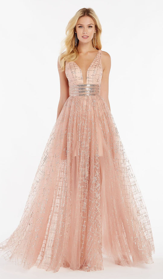 Alyce Paris - 60562 Plunging Sweetheart Glitter Tulle Gown In Pink and Gold