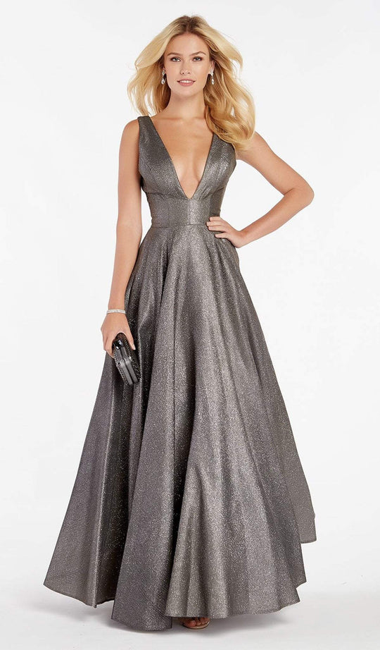 Alyce Paris - 60563 Sexy Plunging V Neckline Shimmering Taffeta Gown In Black and Silver