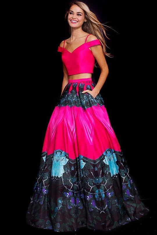 60568 Off-Shoulder Two-Piece Printed Ballgown