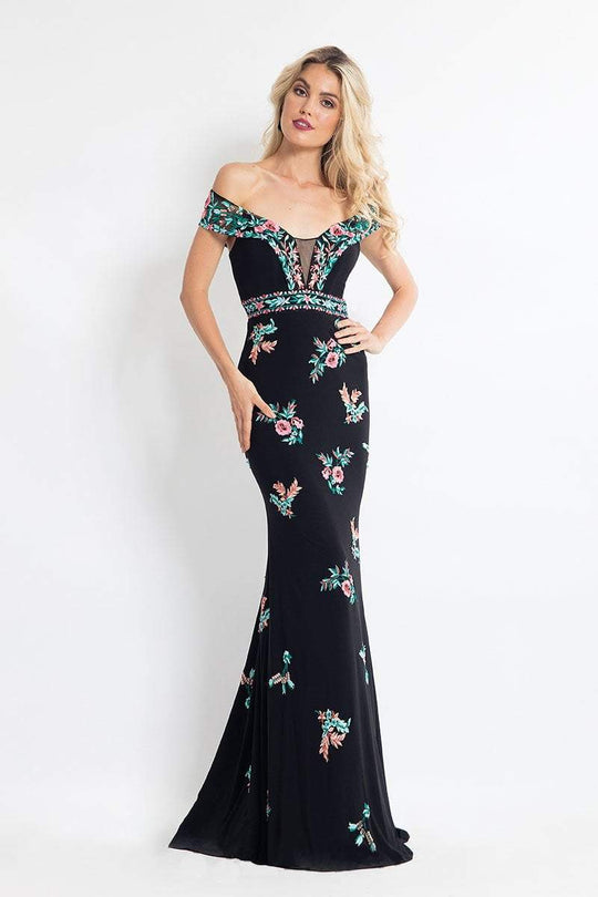 Rachel Allan - Embroidered Illusion Off Shoulder Dress 6056 in Black