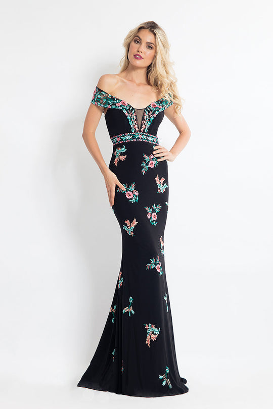 Rachel Allan  - 6056 Embroidered Illusion Off Shoulder Dress in Black