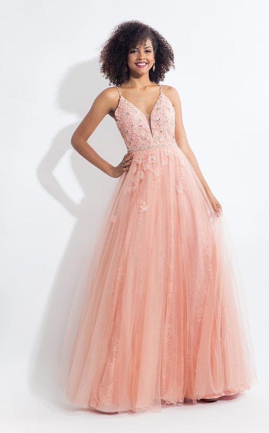 Rachel Allan  - 6057 Deep V-neck A-line Dress in Pink