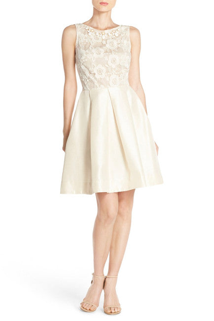 Taylor - 8222M Jewel Floral Pleated Cocktail Dress in White