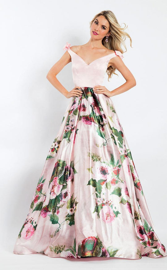 Rachel Allan  - 6061 Off-Shoulder Floral Print Satin Gown in Pink