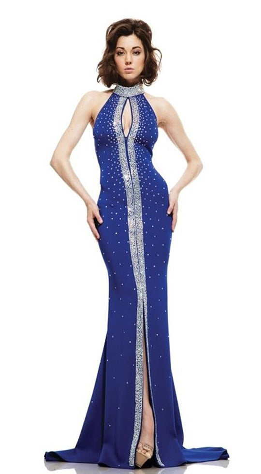 Johnathan Kayne - 6062 High Halter Keyhole Gown in Blue