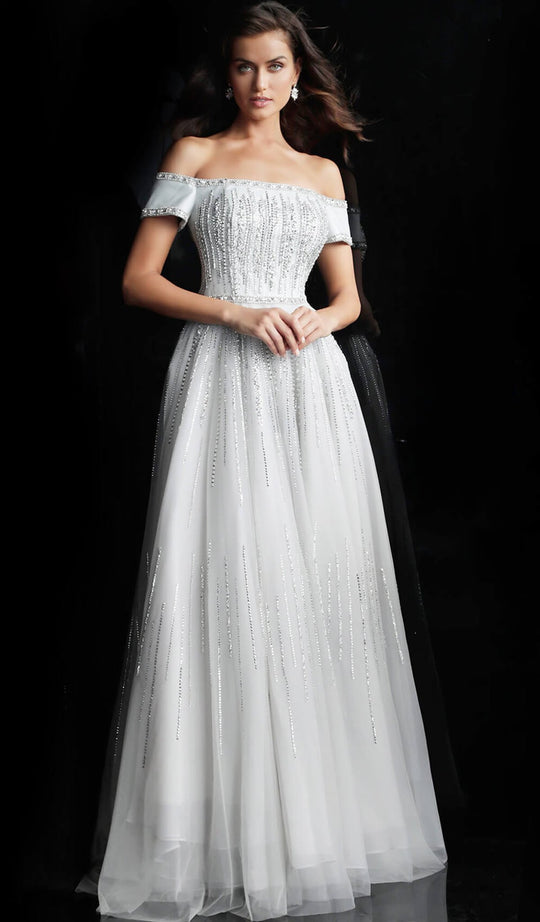 Jovani - 60655 Bedazzled Off-Shoulder A-line Gown in Silver