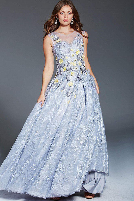 60657 Bedazzled Floral Applique Illusion Neck Ballgown