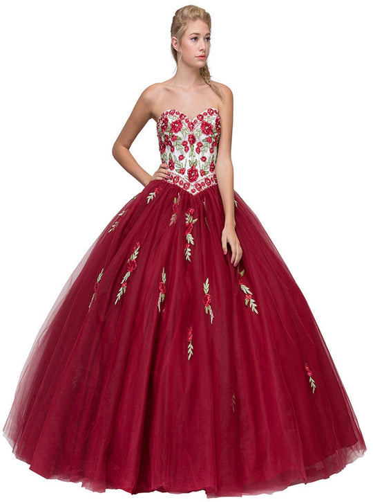 Floral Applique Strapless Sweetheart Evening Gown