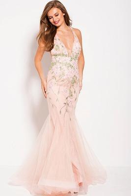 60663 Plunging V-neck Embellished Mermaid Gown