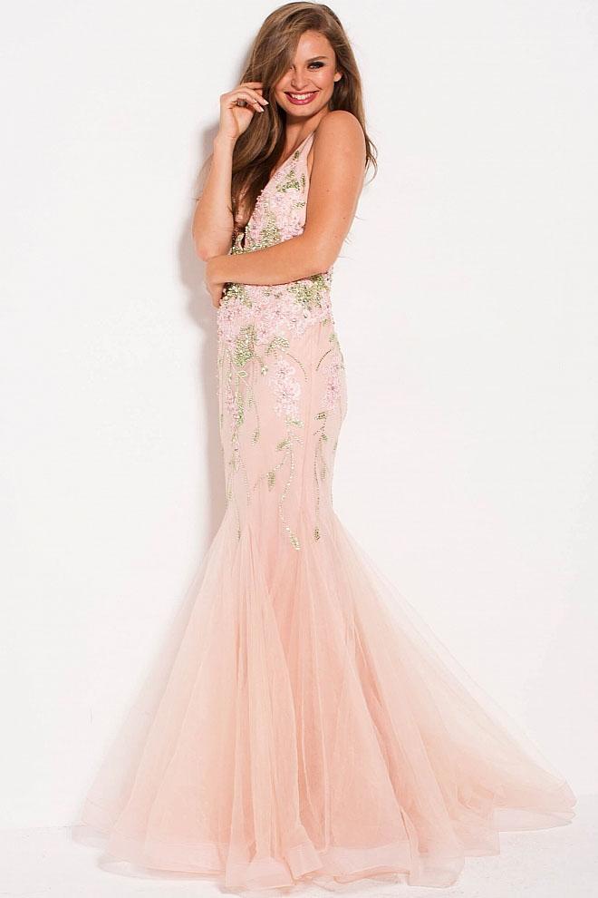60663 Plunging V-neck Embellished Mermaid Gown
