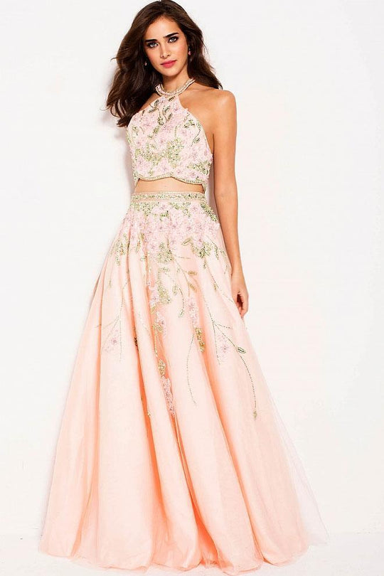 60664 Two-Piece High Halter Neck Beaded Ballgown