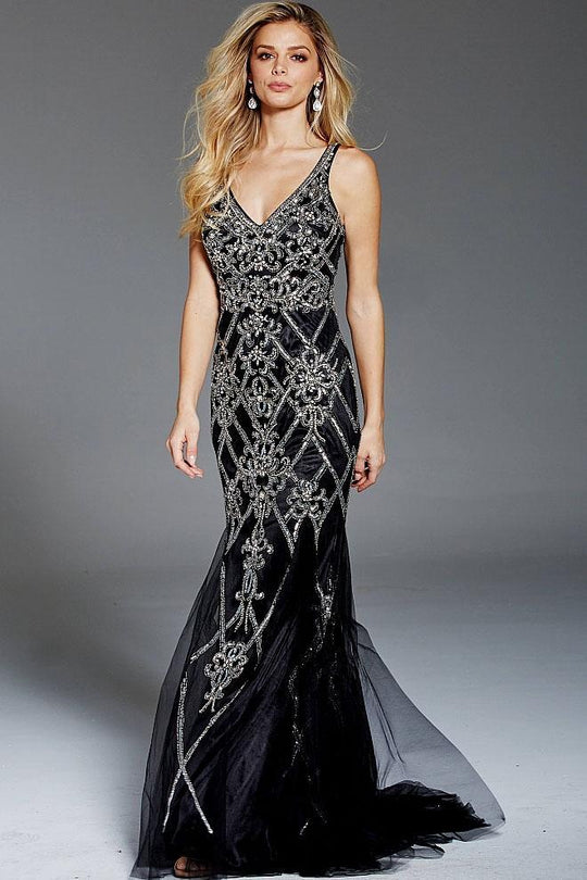 60666 Beaded Plunging V-neck Fitted Gown