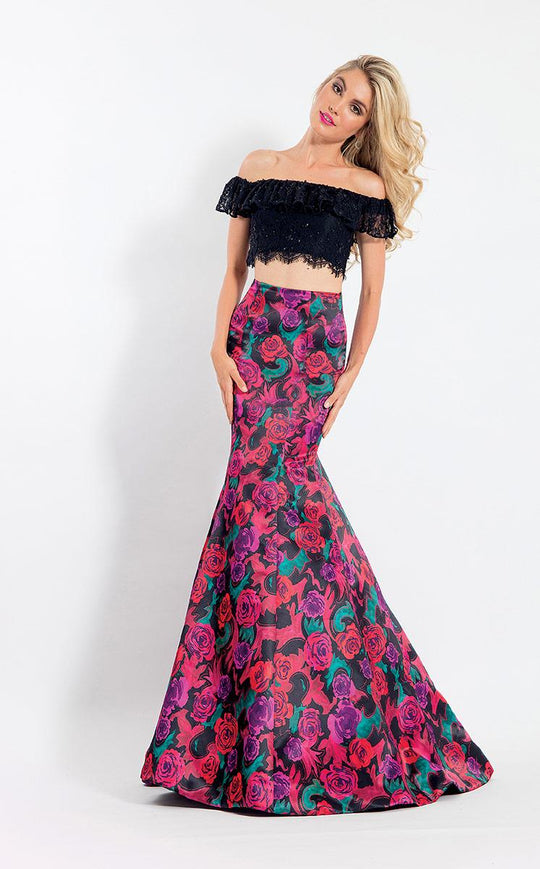 Rachel Allan  - 6066 Off-Shoulder Two-Piece Mermaid Gown in Black and Multi-Color