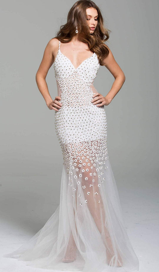 Jovani - 60695 Beaded Plunging V-neck Tulle Trumpet Dress in White