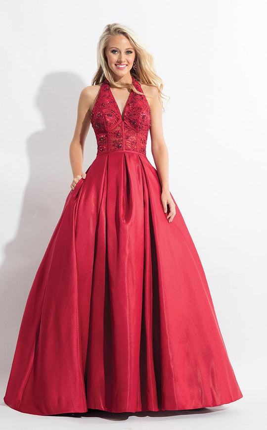 Rachel Allan  - 6071 Lace V-Neck Pleated Ballgown in Red