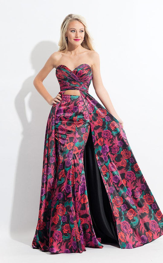 Rachel Allan  - 6073 Strapless Two-Piece Floral Print Gown in Black and Multi-Color