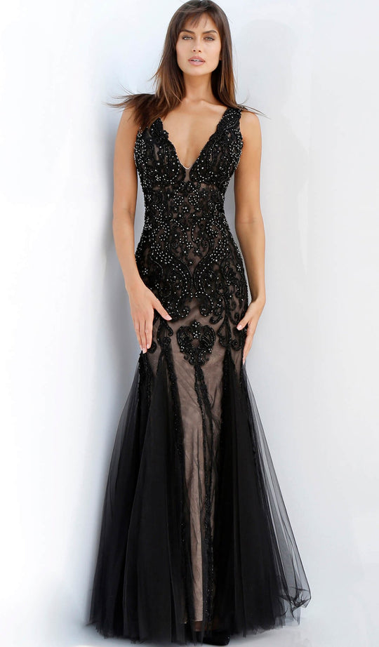 Jovani - 60749 Sleeveless V-Neck Tonal Beaded Trumpet Gown In Black