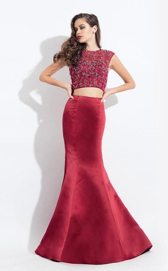 Rachel Allan  - 6074 Two Piece Beaded Jewel Mermaid Gown in Red